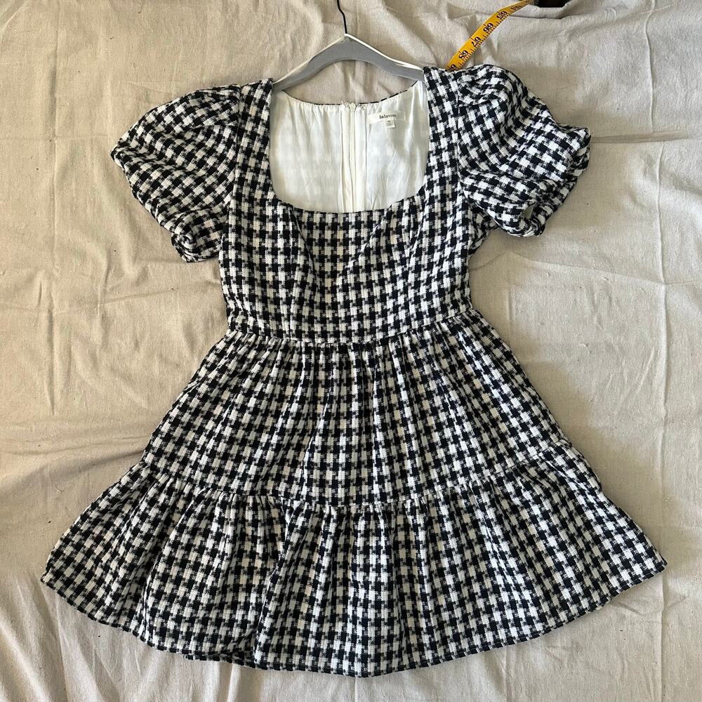 Black & White Houndstooth Tweed Mini Dress, Puff Sleeve, Lined, Sq Neck Size M